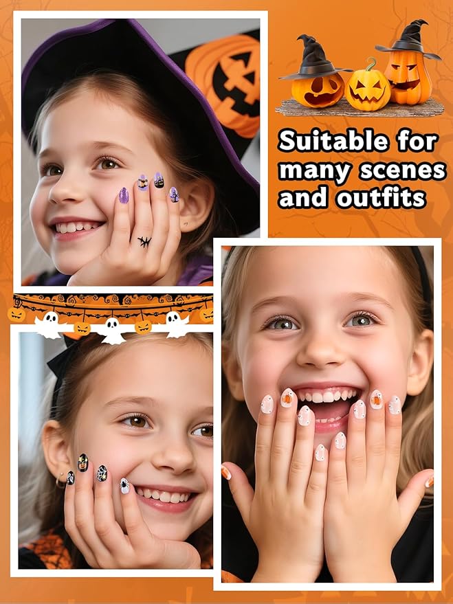 EBANKU Halloween Kid Press on Nails, 72Pcs Almond Fake Nails Kit Full Cover Orange Pumpkin Ghost Cute Design Acrylic Nails with Nail Glue for Girl