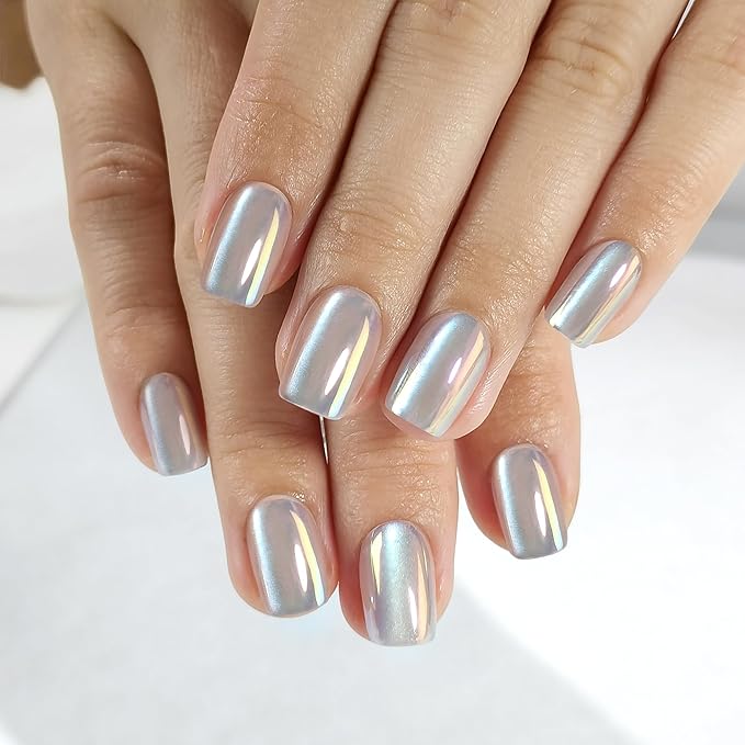 Press On Nails - Opal | Chrome Cateye High Gloss Square Fake Nails, Salon Quality| 32 Nails, 16 Sizes Kit with Glue and Adhesive Tabs I Female Founded - Beauty, Self Care