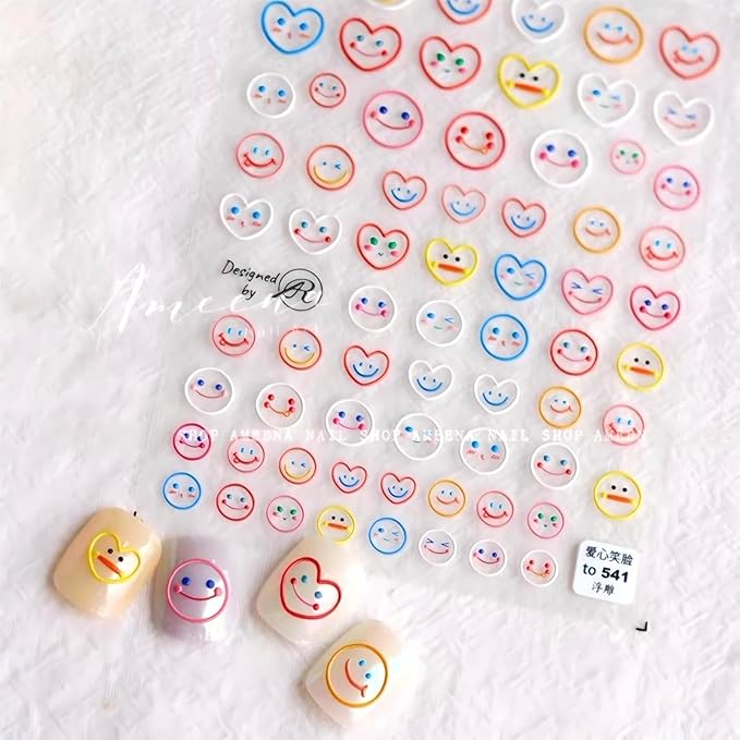 Dedyel Smile Nail Art Stickers Cute Cartoon 5D Embossed Kawaii Smile Face Self-Adhesive Nail Stickers for Women Girls Kids Nail Art Decoration