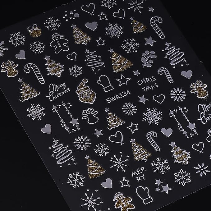 8 Sheets Christmas Nail Stickers for Nail Art, Cute Xmas Nail Decals 3D Self Adhesive Winter Nail Accessories Gingerbread Man Christmas Tree Snowflake Pattern Holiday Manicure Supplies for Women Girls