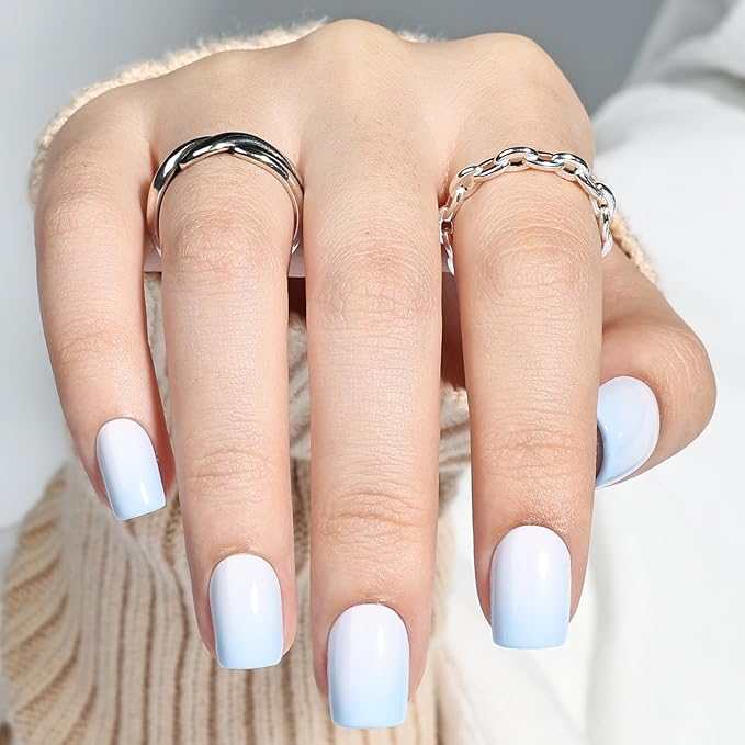 Press On Nails - Short Square Blue Fade Press on Nails Glossy Finish Nails Press Ons for Women DIY Fake Nails Kit with Glue, Reusable Glue on Nails Short in 15 Sizes - 30pcs, Sky Fade
