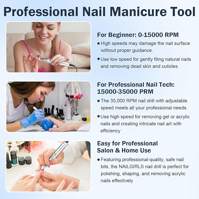 NAILGIRLS Electric Nail Drill Professional 35000RPM with Foot Pedal, Nail Drill Machine for Acrylic Gel Nails Manicure Pedicure with LCD Display Efile Tool for Salon Home Use