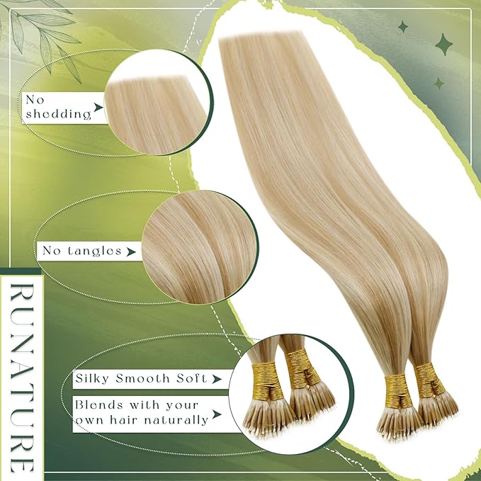 RUNATURE Nano Hair Extensions Real Human Hair Long Nano Beads Hair Extensions Human Hair Blonde Highlight Honey Blonde 18 Inch 50 Gram