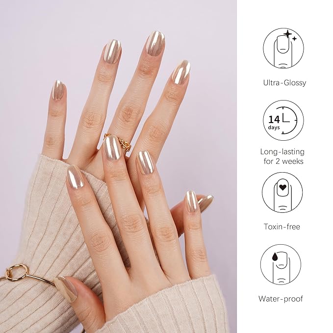 DANNI & TONI Semi Cured Gel Nail Strips Champagne Gold (Golden Veil) Mirror Gel Nail Wraps UV Nails 28 Stickers