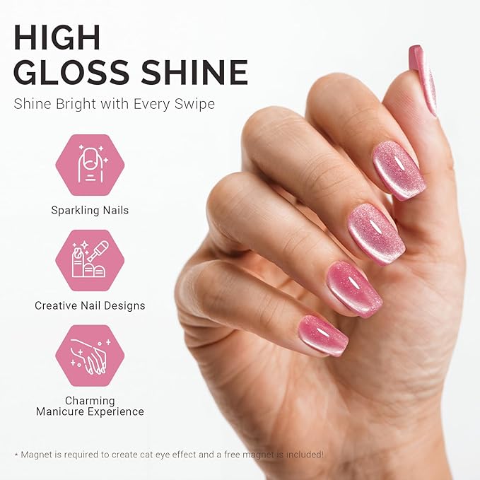 MelodySusie Jeweliver Cat Eye Gel Nail Polish, 0.5 Fl Oz Rose Pink Glitter Holographic Magnetic Nail Polish with Magnet, UV Nail Polish for Nail Art Manicure Salon DIY at Home C47