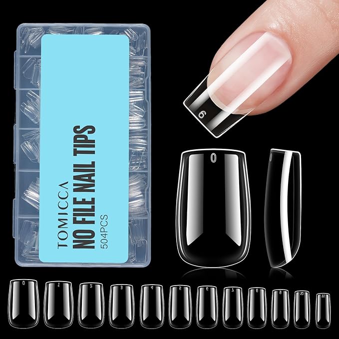 TOMICCA Short Square Nail Tips, 504Pcs Clear Press on Nails Square Full Cover Nail Tips Clear False Press on Nails, Soft Tips for Gel Nail Extension DIY Nail Salon 12 Sizes