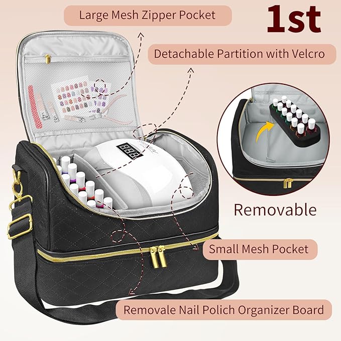 Boczif Nail Polish Carrying Case, Double-Layer Nail Polish Storage Bag- Fits Nail Dryer Lamp and 60 Bottles(15ml/0.5 fl.oz), Nail Polish Organizer bag with Dividers for Manicure Set