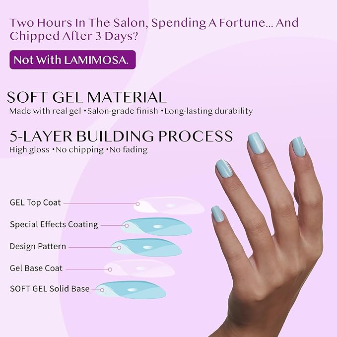 LAMIMOSA 32Pcs Lilac Press On Nails Short Almond – Soft Gel Fake Nails in 16 Sizes, Reusable Glue on Nail kit, LILAC