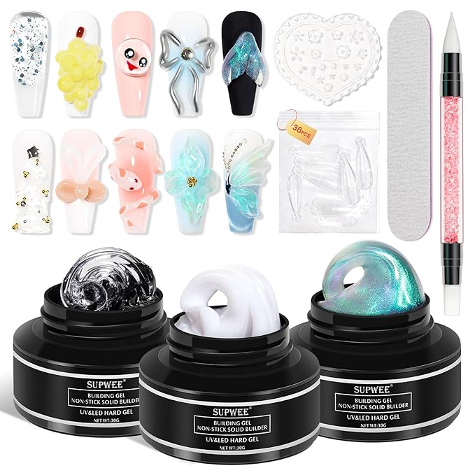 3 Colors Solid Builder Gel for Nails Extension Non Stick Hand Hard Gel with Dual Form 3D Nail Sculpture Gels Nail Strengthen for Home DIY Nails Salon