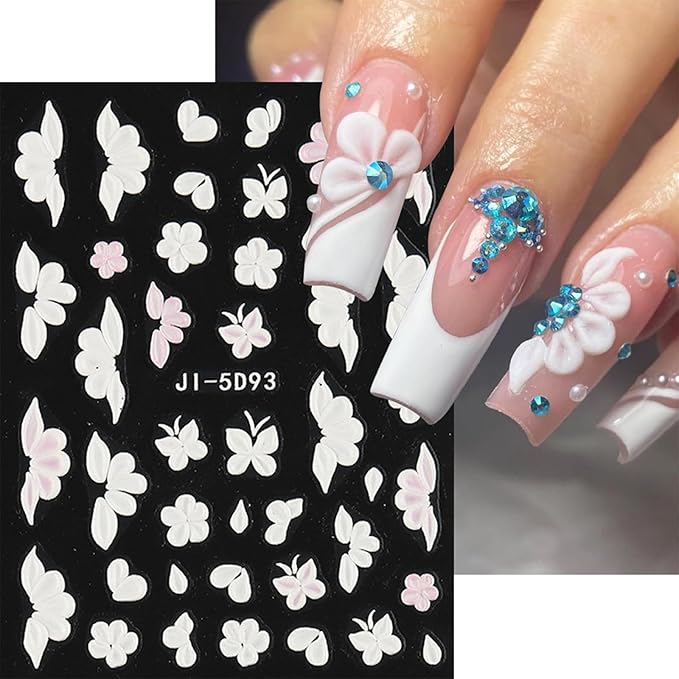 Nail Stickers, 5 Sheets Floral Nail Art Decals, Self-Adhesive 5D Embossed Designs for DIY Manicure