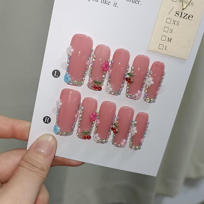 DazzleShine Press on Nails Long Square - Sheer Pink French Tip with Rhinestone Edge Luxury False Nails for Women,Glossy Handmade Acrylic Glue on Nails for Daily(S)