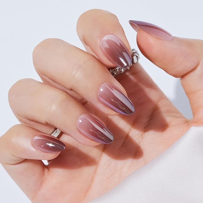 Findigit Ombre Press On Nails Almond Short - Glaze Soft Gel Press on Nails Almond, Glue on Nails with Nail Glue, Reusable Stick on Nails in 16 Sizes,32 Fake Nails Kit,Coffe Ombre