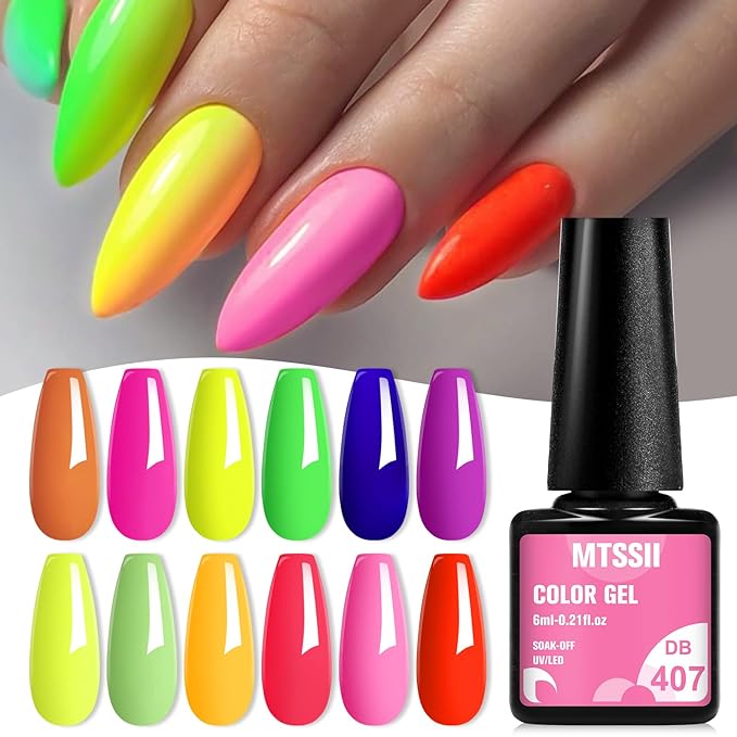MTSSII Neon Gel Nail Polish Set, 12 Colors Hot Pink Orange Yellow Green Blue Red Purple Spring Summer Nail Polish Set Fluorescent Gel Nail Kit for Home DIY Manicure Nail Salon