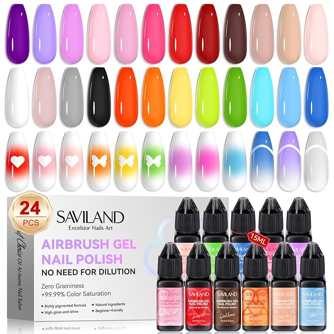 SAVILAND Airbrush Gel Nail Polish Hema-Free: Dilution-Free 24 Colors Airbrush for Nails Non-Acetone for Gradients Nails Blush Layered Nail Art Various Pattern High Color Saturation for Home Salon Kit
