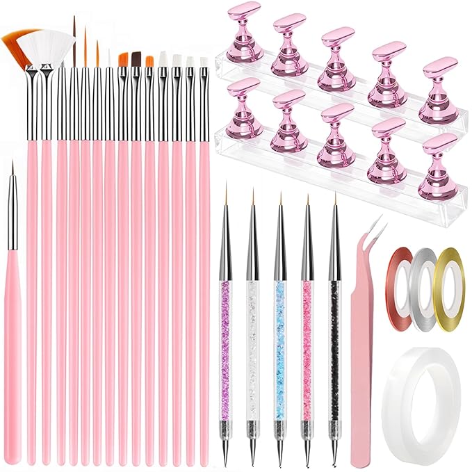 35 Pcs Nail Art Tools, Nail Stand for Painting Nails, Nail Art Brushes, Liner Pens and Dotting Tool, Press on Nail Stands, Nail Technician and Beginner's Nail Design Tool Kit