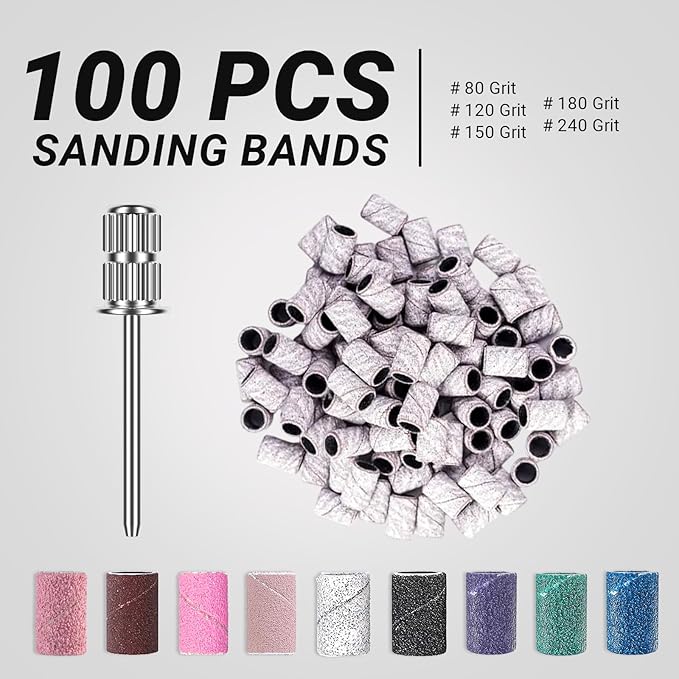 MelodySusie 100 Pcs Nail Drill Bits Sanding Bands for Nail Drill 240 Extreme Fine Grit Nail File Sanding Bands for Acrylic Nails Gel Manicures and Pedicure