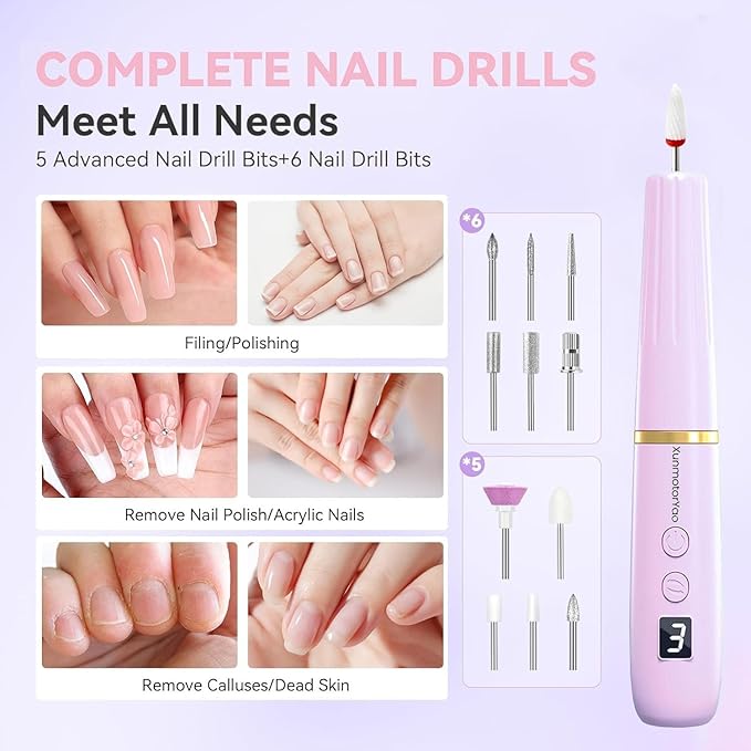 Professional Electric Nail Drill File, Cordless Nail Drill Machine kit for Acrylic Gel Dip, 12 in 1 Nail Machine Kit Portable Rechargeable Manicure Pedicure Tools for Home Salon(Purple)