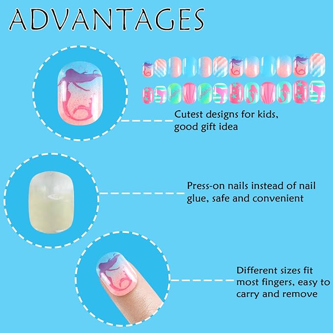Laza 72pcs Children Nails Press On Pre-glue Full Cover Mermaid Pink Green Blue Scale Shell Short False Nail Kits for Kids Teenager Girls - Mermaid’s Dream