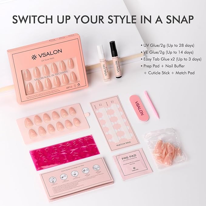 VSALON Press On Nails Short Almond, Aurora Gold French Tip Fake Nails 3D Sculpting Design Glue On Nails With UV Glue, Reusable Stick On Nails Fall Wedding Gift 16 Sizes - 32 Pcs Kit