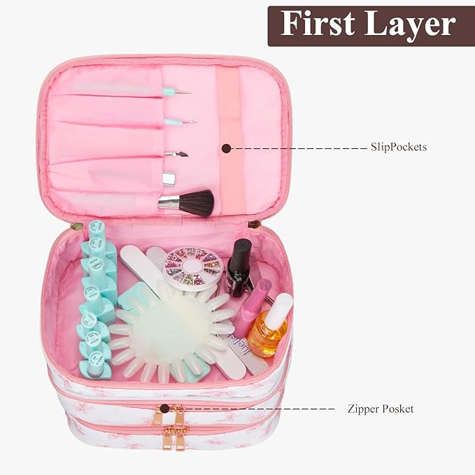 Nail Polish Organizer Aesthetic Nail Organizers and Storage, Bow Nail Supplies Kit Organizer Travel Carrying Case for Manicure Tools (Bow A, 3 Layer)