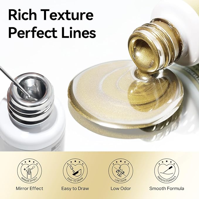 MIZHSE Metallic Gel Liner Nail Art, Gold and Silver Mirror Painting Gel Polish, 3D Chrome Metal Glossy Drawing Line Stripe Swirls French Nail Design DIY Manicure Soak Off Nail Art