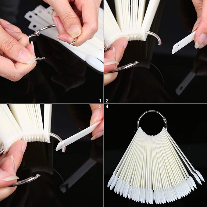 200 Pcs False Nail Art Tips Display, Natural Nail Sample Stick with Metal Split Ring Holder