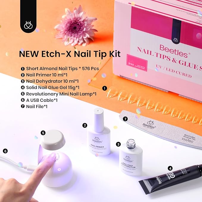 Beetles Gel Nail Kit Etch-X, Almond Short, 576pcs 12 Sizes, with Dehydrator and Primer, Solid Glue Mini Lamp, Pre-Etched Half Matte Acrylic Nail Kit Fake Nail for Home DIY Extension Set