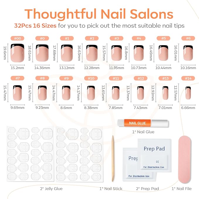 Modelones Black French Tip Press on Nails Short, Square Fake Nails, Reusable Nail Kit with Nail Glue Adhesive Tabs Mini Nail File, Nails Press Ons 32Pcs 16Sizes, Spring Women Girl Gift