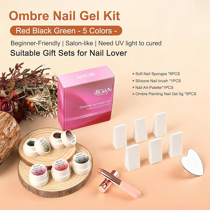 BQAN Patting Gel Polish Kit - Pro Ombre 5 Color Gradient Set with Sponges, Silicone Brush & Palette for French Aura Manicure Salon-Quality DIY Nail Art (Red Black Green Brown)