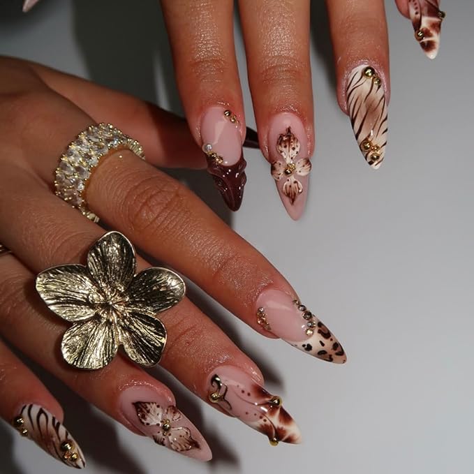 Long Press on Nails Almond Fake Nails Flowers Artificial Nail Leopard and Sparkly Rhinestones Stick on Nail for Women 24pcs