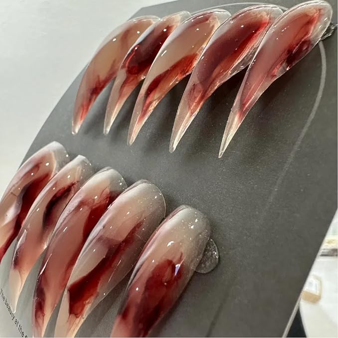 Halloween Claw Press on Nails Long Stiletto Fake Nails Dark Red Gothic Design Stick on Nails Horror Vampire False Nails Reusable Full Cover Acrylic Glue on Nail for Women Nail