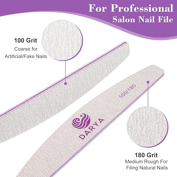 DARYA Nail Files (12 Pcs) Double Sided 100/180 Grit Emery Boards for Nails Acrylics Natural Nail File Durable Washable Professional Nail Files for Salon & Home Use (12, Count, 100/180 Grit)
