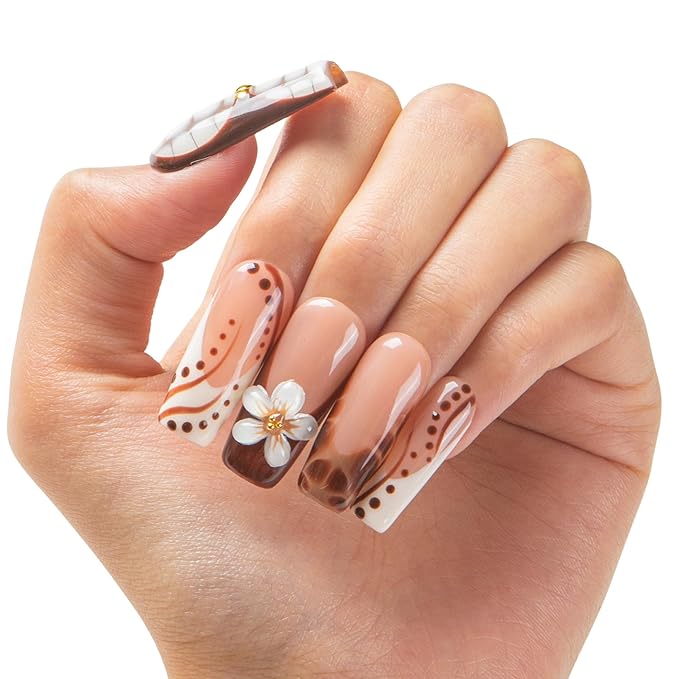 LOVFUL Short Press on Nails Latte Art | Handmade Acrylic Press ons| Reusable Fake False Nails | Square Classic Regular 1.3in | H667-M
