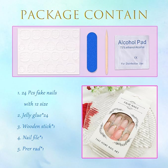 Gold Press on Nails Medium Gold French Tip Fake Nails Square Shape False Nail Tips Nude Pink Full Cover Glue on Nails Medium Length Stick on Nails Glossy French Tip Nails Press ons for Women 24 Pcs