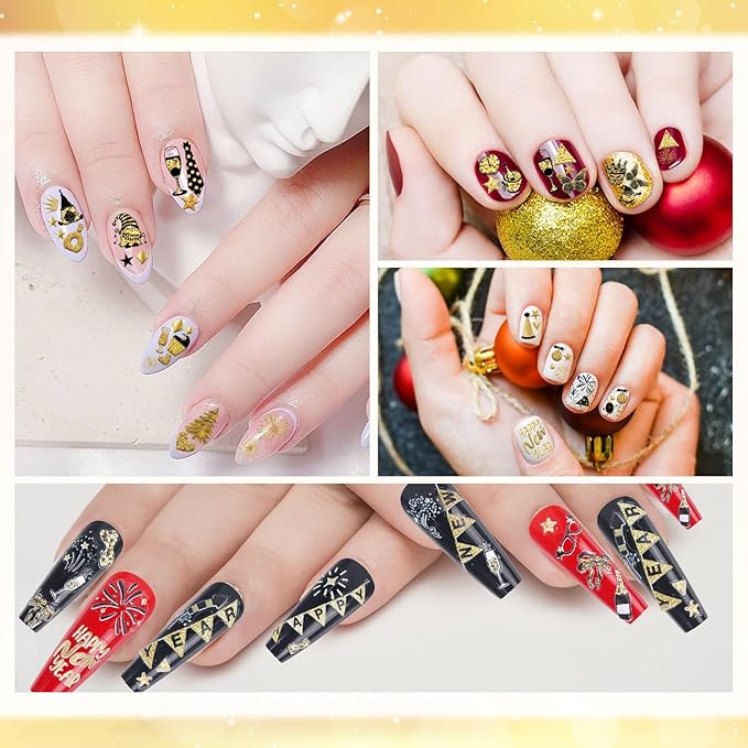 Keluna New Year Nail Stickers - 6 Sheets Happy New Year 2025 Nail Art Sticker, Glitter Gold Christmas Nail Decals, 5D Fireworks Champagne Eve Nail Decal Designs for Women Girls Manicure Decoration