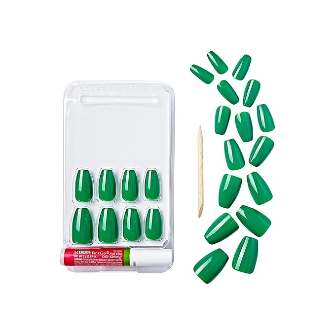 GoldFinger False Nails Kit, Ready to Wear Green Fake Nails, Manicure Stick and Glue Included, Medium Coffin Shape, Long-Lasting Hottest Trend Glue on Nails, Convenient & Easy to Apply, All Occasions