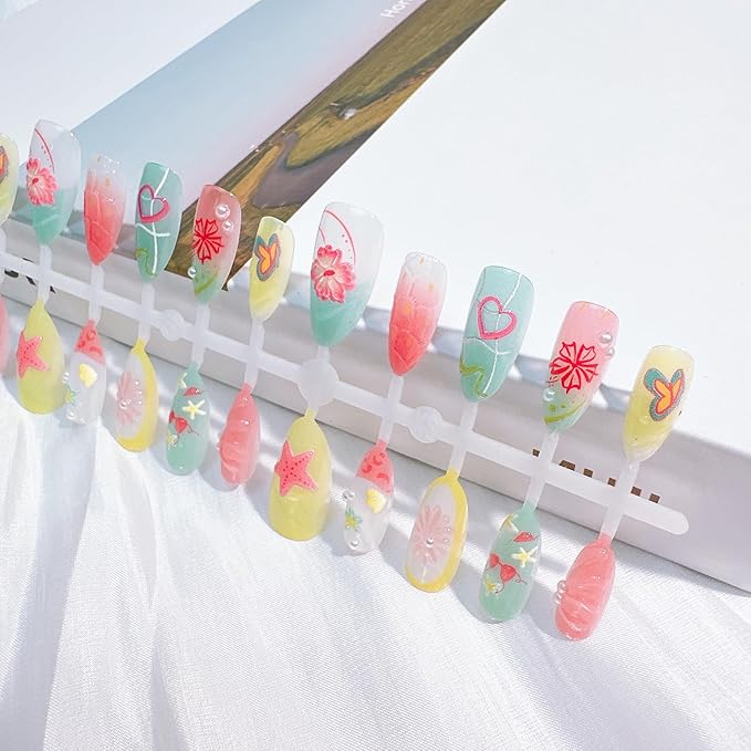 30Pcs Summer Press on Nails Medium Almond Fake Nails with 3D Starfish Designs, 30pcs Beach Press on Nails, 1pc Nail File, 24pcs Nail Jelly Stickers, 1pc Wooden Stick