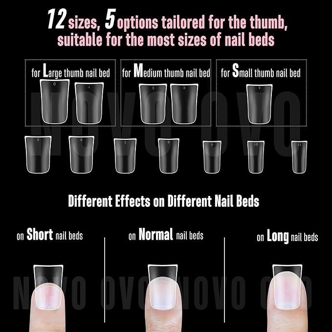 NOVO OVO Upgraded Duck Feet Nail Tips Extra Thick Short Full Cover for Press on Acrylic, Clear Pre-Etched Matte Flare Wide French Soft Gel Fake False Nail Extension Full Coverage x 12 Sizes 240 pcs