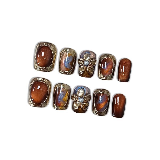 10pcs Press On Nails Vintage Amber with Hand-Painted 3D Gold Flowers and Metal Accents, Short Square Glossy False Nails, Reusable, Easy to Apply, Portable for Parties (Size L)