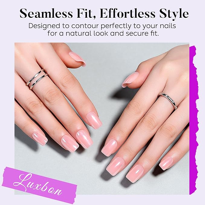 Luxbon Short Press On False Nails with No-Cure Nail Glue and Tool Kit – Square Acrylic Stick On Nails Soft Gel Tips 30-32pcs Full Size Set, Reusable Fake Nails for Women, White Optical Plating, Pink