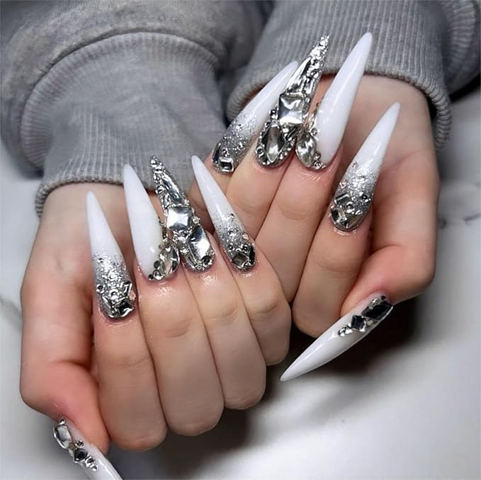 xl White Press on Nails Long Almond Tip Nails Press Ons Full Diamond Design False Nails Full Cover Acrylic Fake Nails Gift for Wemons 24pcs