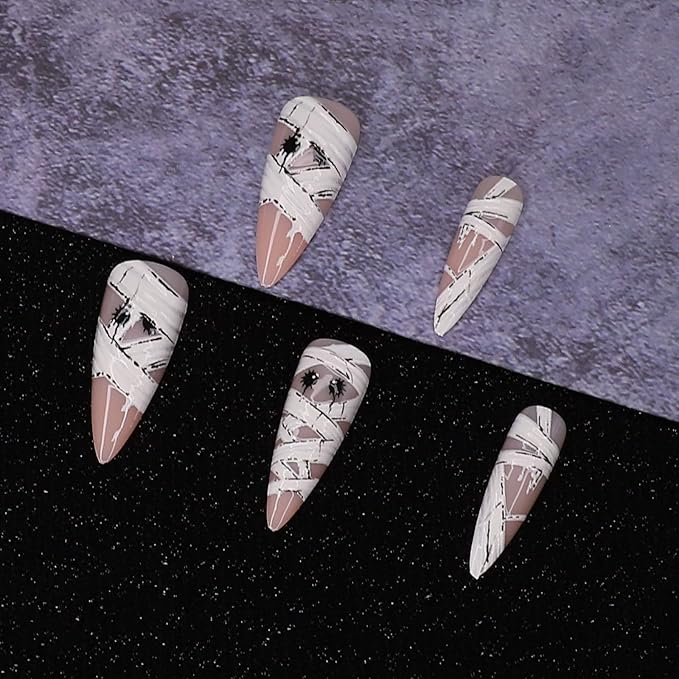 Long Stiletto Press on Nails - Halloween Fake Nails with Cute 3D Mummy Designs | Reusable Stick on Nail,Halloween Nail Art | 12Size - 24Pcs with Jelly Glue