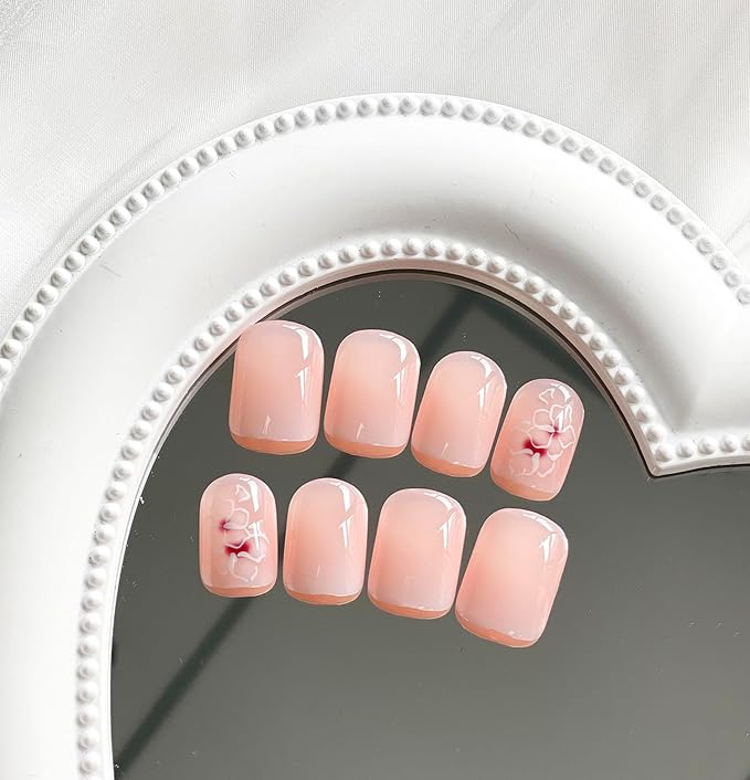 Short Square Press on Nails MABKJLF French Fake Nails Gradient Full Cover White Flower False Nails with Designs Glossy Glue on Nails Acrylic Nails Artificial Nails for Women Girls 24 Pcs