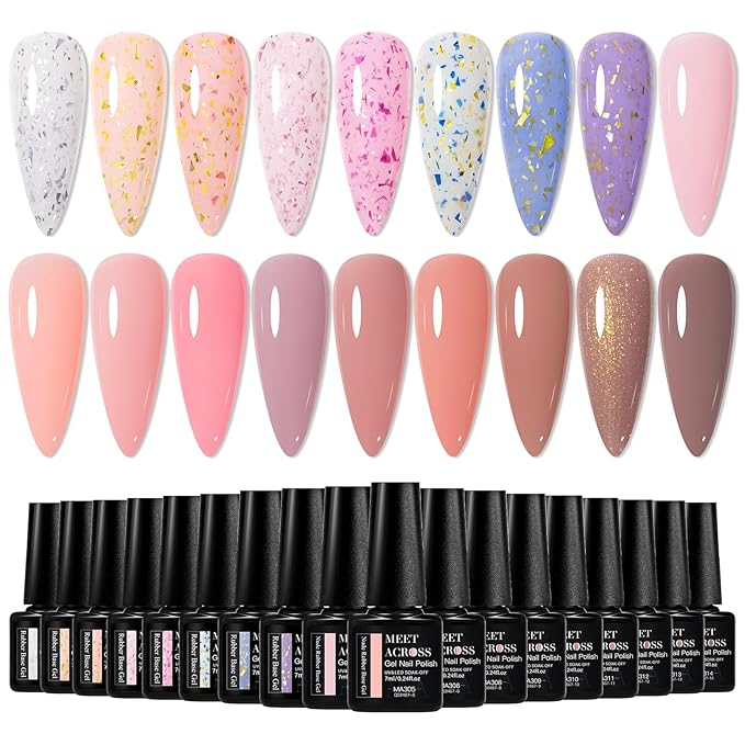 MEET ACROSS 18 Colors Rubber Base Gel Set, Nude Pink Brown Builder Nail Gel, 2-in-1 Builder Base Nail Gel Blue Purple Skin Tones Gold Foil Soak Off Base Gel Nail Strengthener 7ml