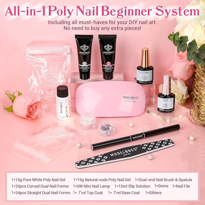 Modelones Poly Nail Gel Kit Builder Extension Gel Nude White French Colors with Nail Lamp Slip Solution Rhinestone Manicure Complete Kit DIY Art Design Beginner Gift