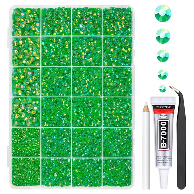 Green AB Resin Rhinestones w B7000 Jewelry Glue for Bedazzling Crafting 2mm-6mm Flatback Jelly Stones Diamonds Gems Bedazzler Kit Charms for Nails Face Eyes Makeup Tumblers Bottles Crafts Shoes
