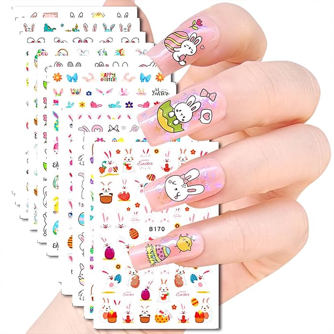 Easter Bunny Nail Art Stickers Decals 3D Self-Adhesive Nail Art Accessories Cartoons Rabbit Animal Flower Designs Sticker Lovely Rabbit Manicure DIY Nail Decorations 12 Sheets
