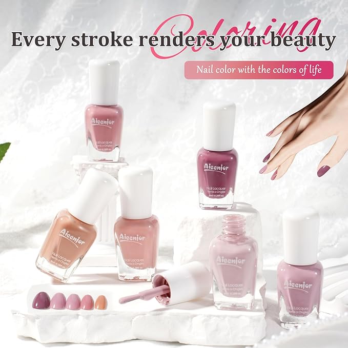 Nude Nail Polish Set, Quick Dry Fingernail Polish 6 Classic Nude Colors Collection, Nude Pink, No UV Light Needed, Long Lasting for Nail Art Design at Home DIY