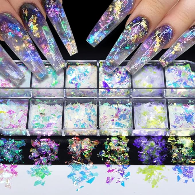 Nail Art Mermaid Flake Sequins 3D Acrylic Holographic Chunky Laser Decals Ultra Thin Iridescent Glass Paper Sticker Manicure Decoration 12 Grids