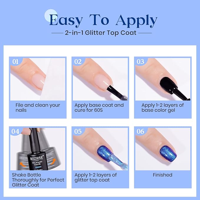 MIZHSE Pearl Sparkly Glitter Gel Nail Polish Blue Mermaid Aurora Shimmer Soak Off UV LED Nail Gel Polish For Nail Art Home DIY, 10mL 0.33 Fl oz